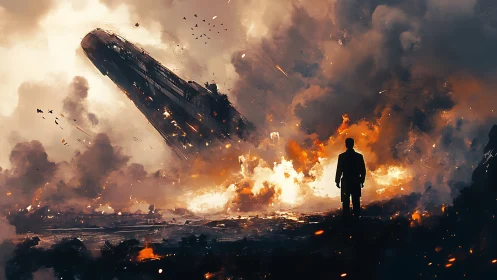 Silhouetted observer studies burning starship in apocalyptic sky