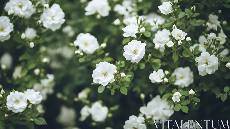 White roses with yellow centers in full bloom among green foliage.