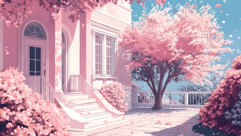 Pink villa terrace glows under blooming spring cherry tree.