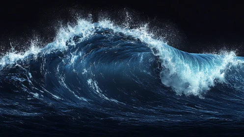 Cresting deep blue ocean wave under dramatic dark sky.