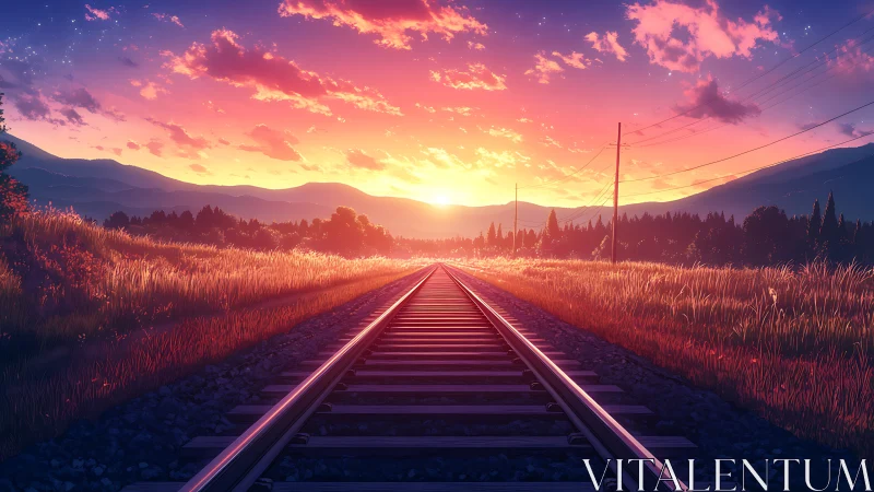 Sunlit railway horizon under vivid summer mountain sky.