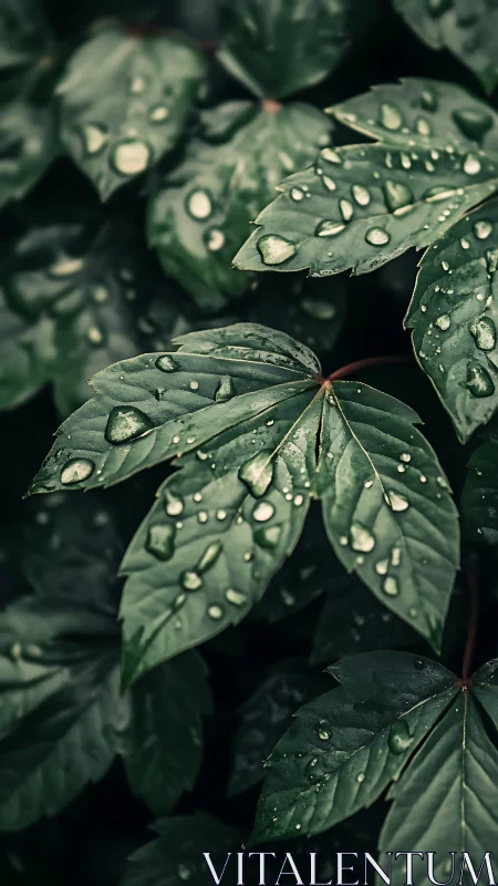 Raindrops cling to deep green leaves in soft natural light