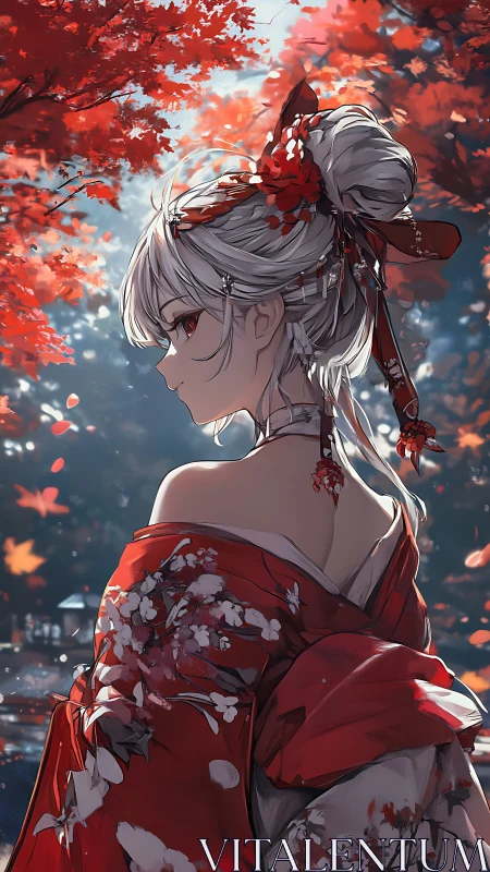 Graceful autumn girl in red kimono beneath falling leaves.