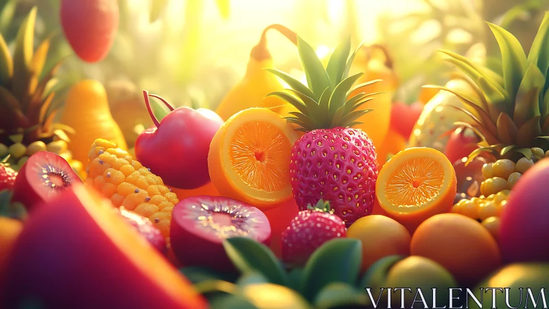 Highly saturated 3D render displays stylized tropical fruit cluster