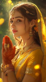 Golden prayerlight around a henna-lit Indian bridal muse.