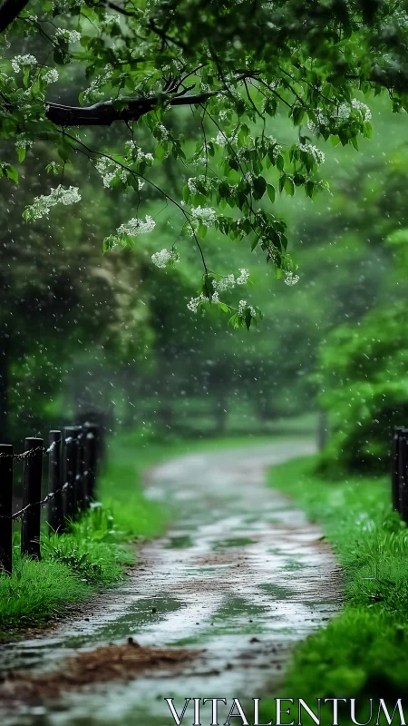 Curving garden path under rain-soaked flowering branches.