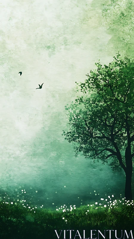Digital painting of spring meadow with silhouetted tree profile.