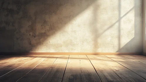 Sunlit empty room with textured wall and wood floor.