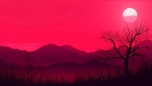 Crimson sunset silhouettes distant hills and lone winter tree