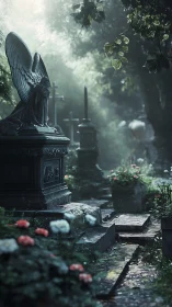 Gentle stone angel watching over a quiet garden path.