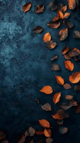 Orange autumn leaves scattered on dark textured blue background.
