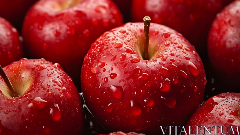 Cluster of dewy red apples glistening in vivid close-up.