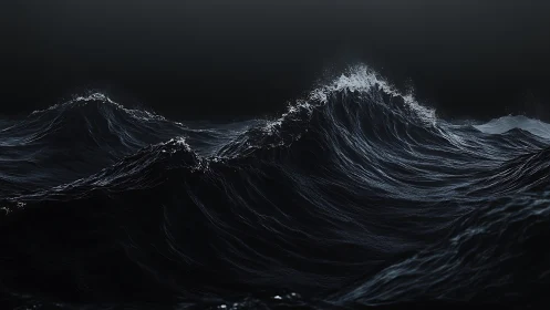 Dark stormy ocean waves under heavy overcast sky.