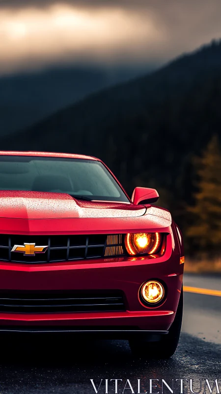 Red Chevrolet sports car on wet mountain highway at dusk.