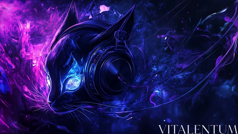 Neon cyber cat with headphones radiates electric sound waves