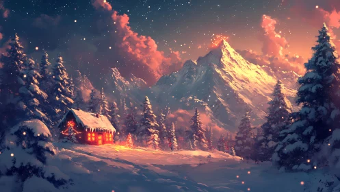 Snow-covered forest cabin stands below illuminated peaks