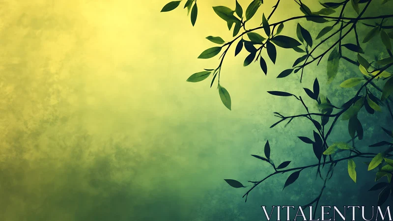 Graceful leafy branches across soft green-yellow glow.