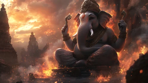 Serene elephant deity sits calmly inside a storm of sacred fire