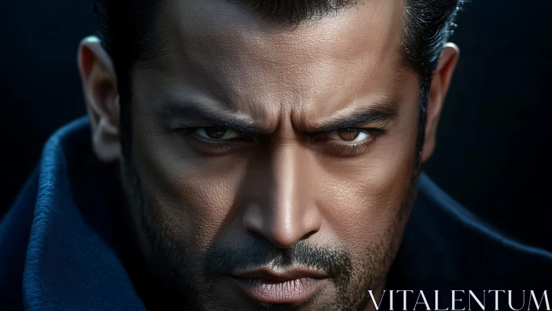 Storm-lit stare of a determined modern hero in shadow.