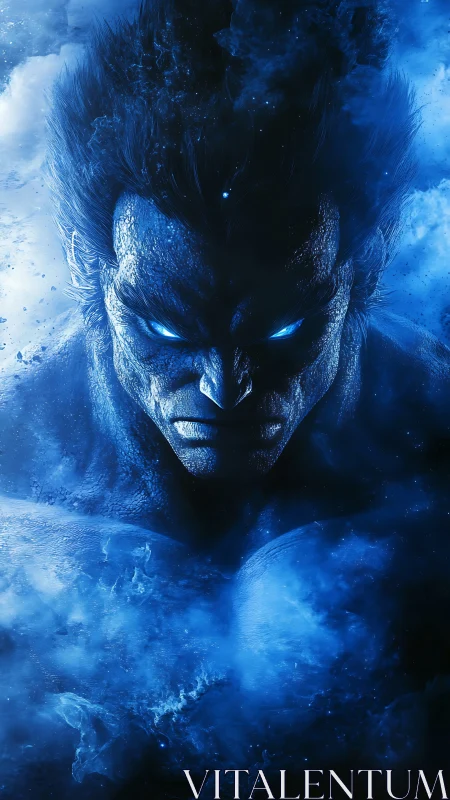 Cosmic blue warrior emerges from swirling nebula light