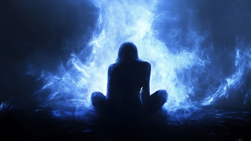 Silhouette meditates within luminous blue energy vortex.