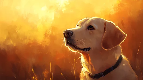 Golden retriever portrait in warm sunset brushlight glow.