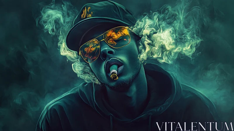 Neon-lit urban smoker portrait with teal vapor swirls.