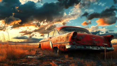Weathered red classic sedan abandoned in golden prairie dusk