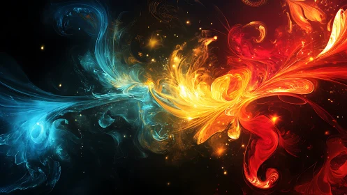 Contrasting blue and red nebular forms meet around yellow core