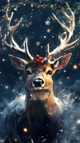 Winter stag portrait with snowlit antlers and holly crown.