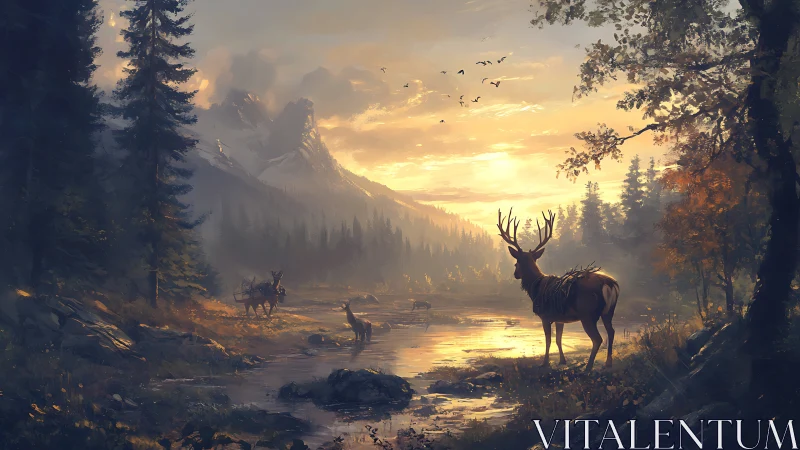 Stag herd stands in reflective mountain valley at sunset
