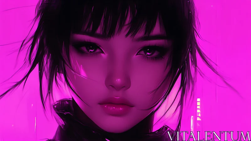 Neon magenta portrait of digital female face, frontal view.