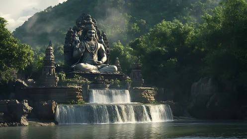 Monumental riverfall deity shrine in misted jungle basin.