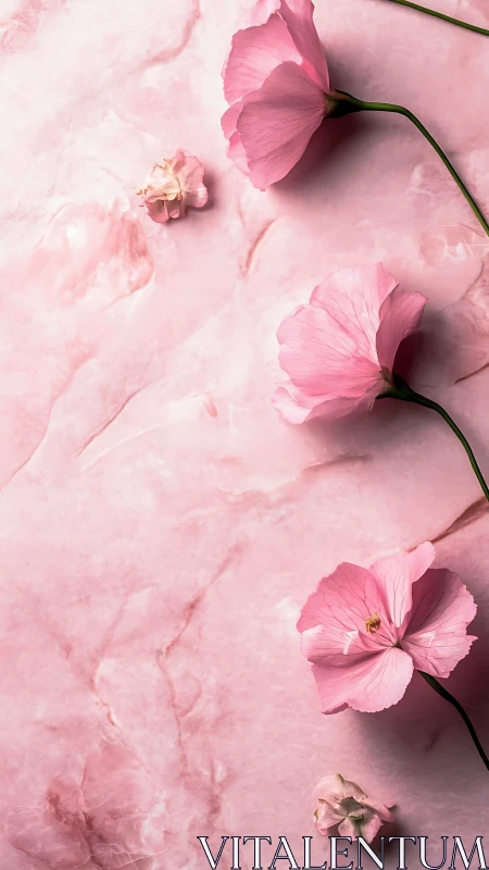 Pink hibiscus flowers on soft marble background layout.