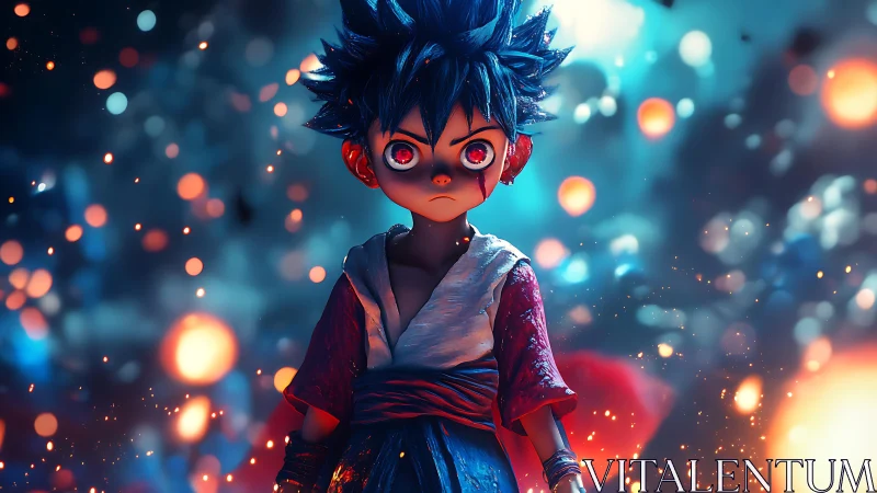 Fiery-eyed child warrior strides through ember-bright dusk.