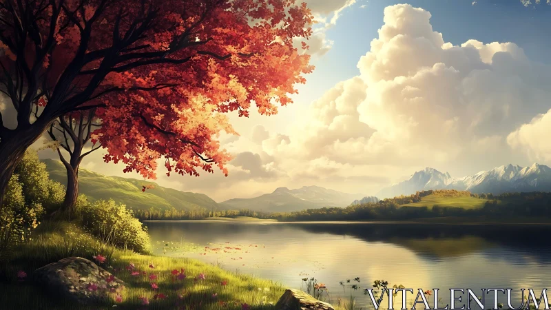 Sunlit lake landscape with red tree and distant mountains.