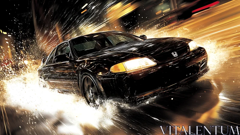 Midnight black sedan slicing through neon city rainstorm.