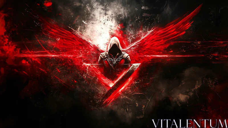 Hooded crimson guardian rising with blazing digital wings.
