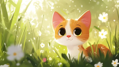 Orange Tabby Cat in Spring Garden Field.