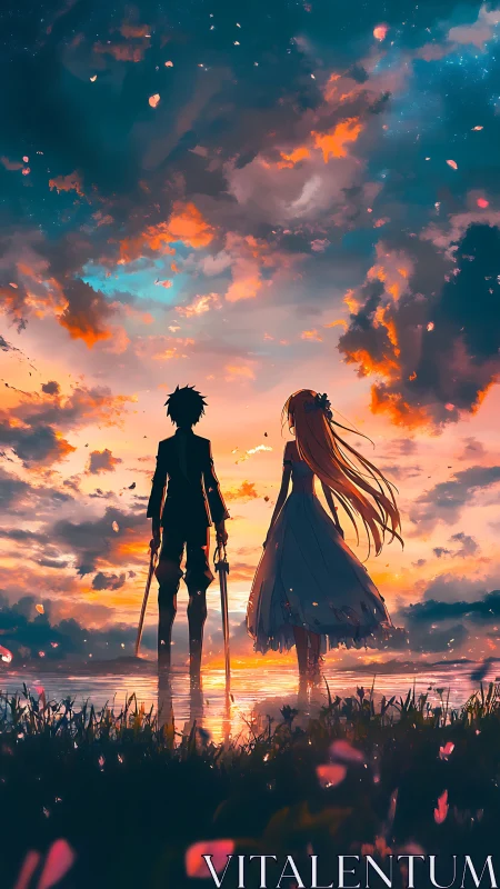 Silhouetted anime couple beside reflective lake at sunset sky
