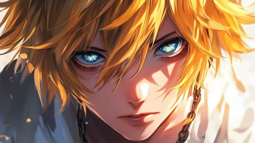 Intense blue-eyed anime hero stares forward in warm light