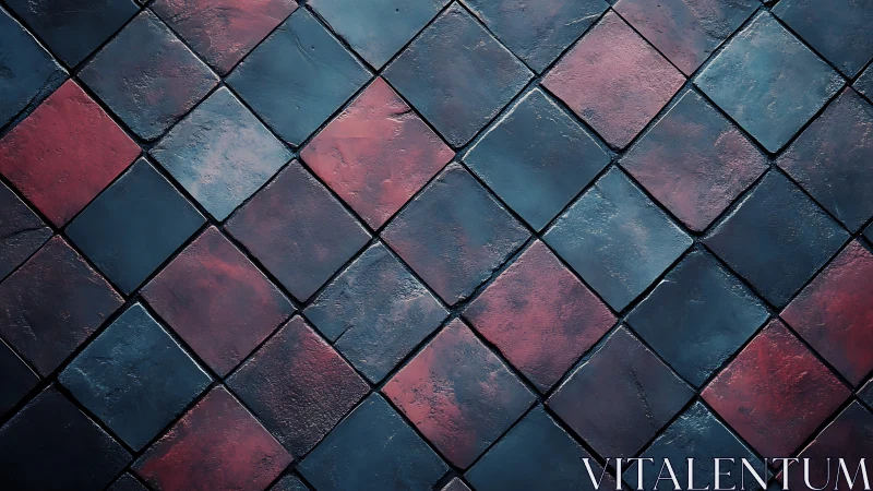 Diagonal ceramic tile grid shows worn bicolor surface modulation