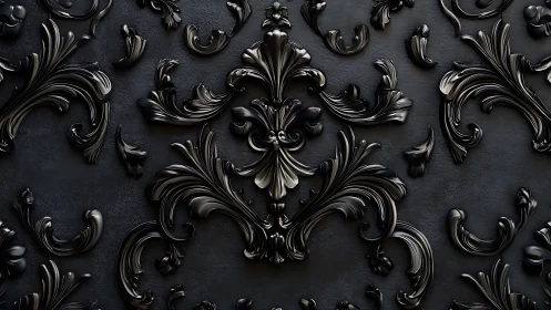 Black baroque floral ornament pattern on dark surface.