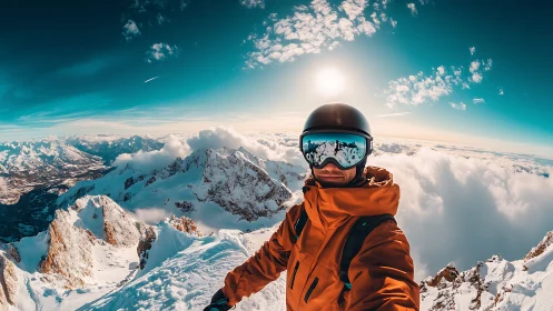 Wide‑angle alpine summit selfie in vivid winter light.