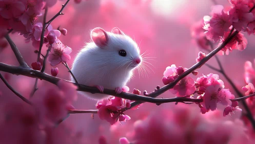 White mouse on cherry blossom branch rendered in soft bokeh