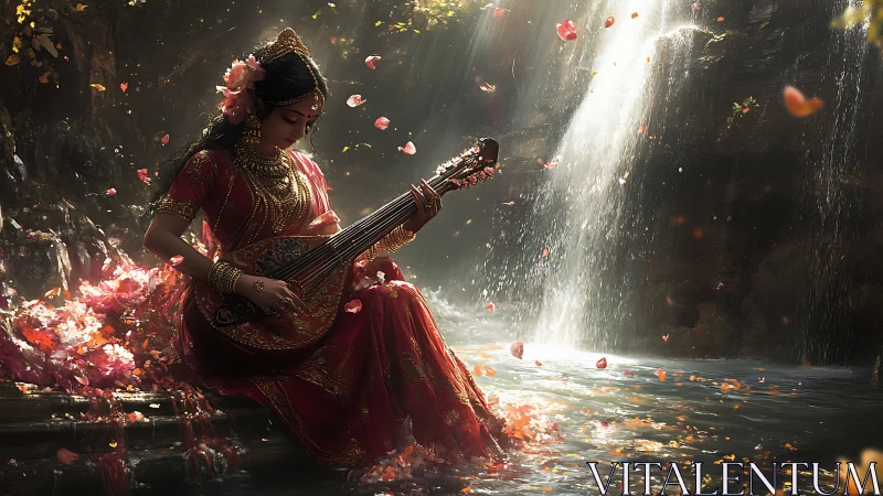 Melodic waterfall moment as a serene musician strums sitar