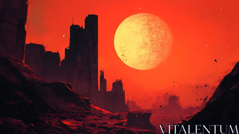 Large celestial body over dark ruined cityscape is depicted
