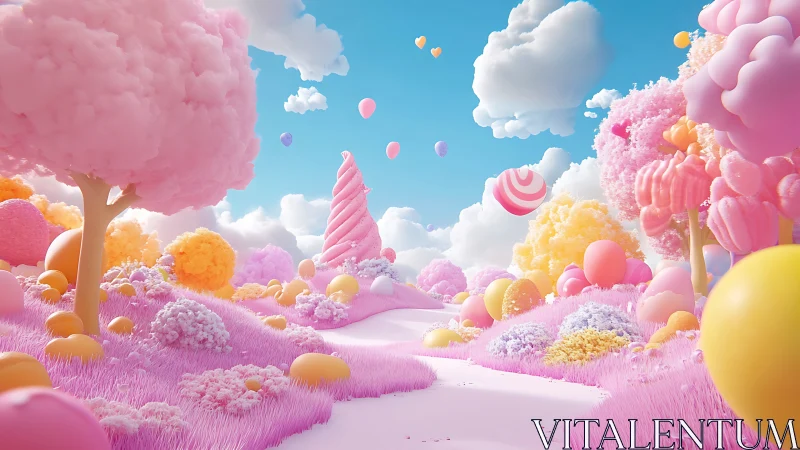 Candy Landscape With Pink Trees And Pastel Spheres.