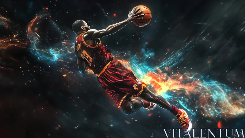 Kinetic basketball dunk amid nebular energy wake field study.