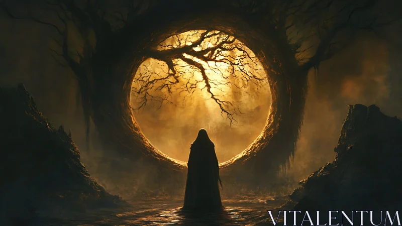 Hooded figure before circular tree portal in misty landscape.
